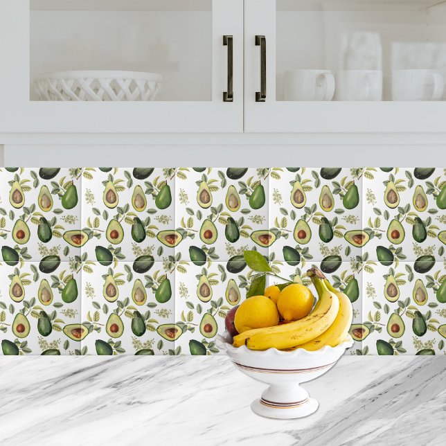 Padrão Botânico Avocado Por Aquarela (Watercolor Avocado Botanical Pattern Ceramic Tile)