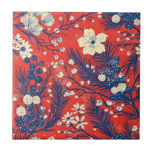 Padrão Botânico de Inverno Índigo Vermelho Carmesi
