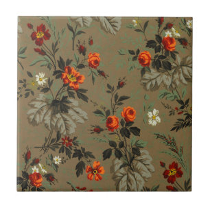 Padrão Botânico de Rosa Laranja Floral Escura Vint