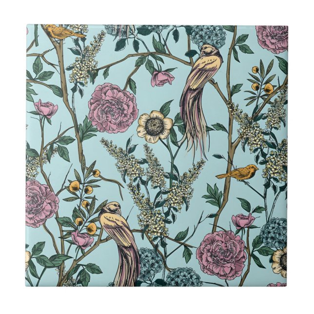 Padrão botânico em cor azul estilo retrô (Frente)