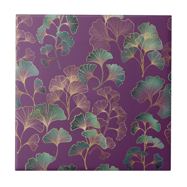 Padrão Botânico Japonês Ginkgo Dourado Roxo (Frente)