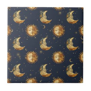 Padrão Celestial Sol & Lua Estrela Dourada Noite (