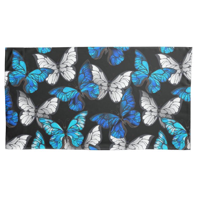 Padrão contínuo escuro com borboletas azuis Morpho (Frente-Esquerda)