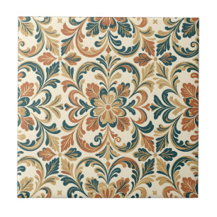 Padrão Damásco Floral Verde Azul e Laranja Folclór