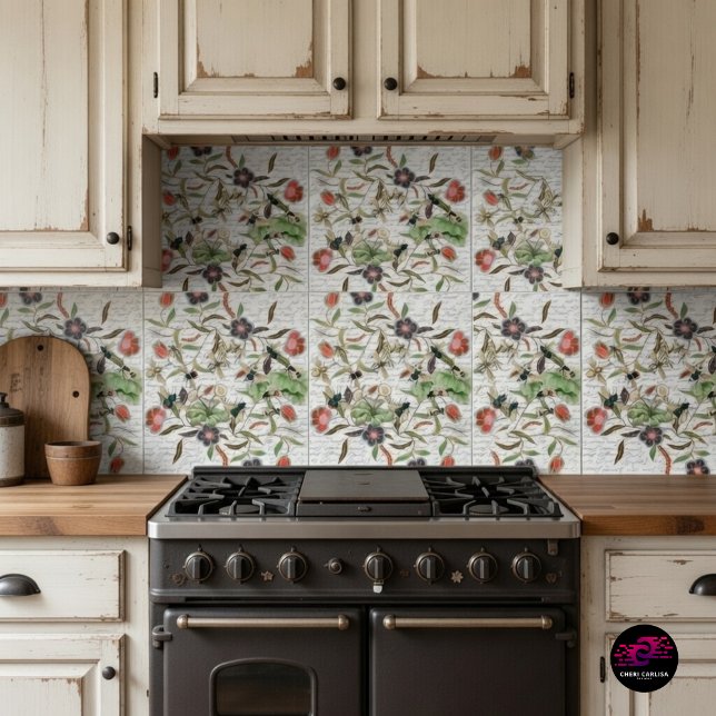 Padrão de Abelha Botânica em Roteiro Francês (French Script Botanical Bee tiles styled as a rustic kitchen backsplash.)