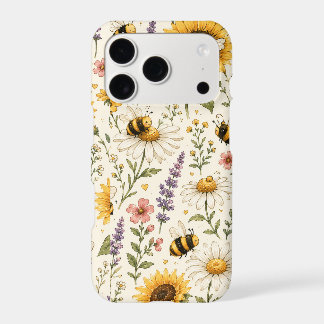 Padrão de Abelha e Flores Silvestres Fofo