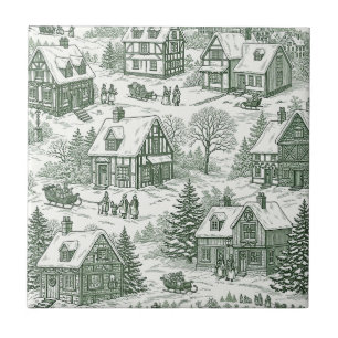 Padrão de Aldeia de Natal Vintage Toile Verde (2)