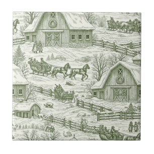 Padrão de Aldeia de Natal Vintage Toile Verde (4)