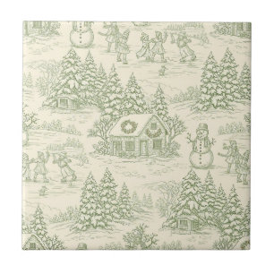 Padrão de Aldeia de Natal Vintage Toile Verde (5)