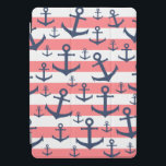 Padrão de âncora azul marinho de faixa de coral ná<br><div class="desc">Design de Verão com um padrão de âncora azul marinho em fundo de coral e faixa branca.</div>
