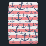 Padrão de âncora azul marinho de faixa de coral ná<br><div class="desc">Design de Verão com um padrão de âncora azul marinho em fundo de coral e faixa branca.</div>