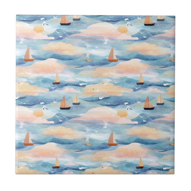 Padrão de Aquarela de Barcos à Vela Sonhadores (5) (Frente)