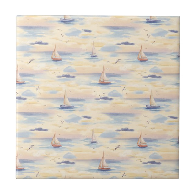 Padrão de Aquarela de Iates Sonhadores no Oceano ( (Frente)