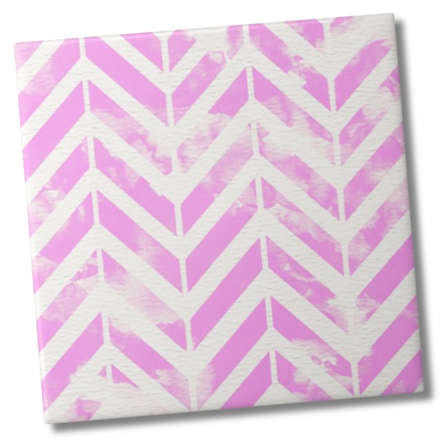 Padrão De Arenque Cor De Água Rosa (Trendy Rustic Pink Watercolor Herringbone Pattern Ceramic Tile)