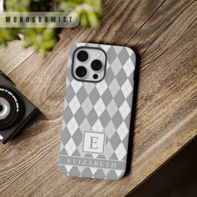 Padrão de árgula de Cinza branca clara e personali (Customizable White Light Dark Grey Argyle Pattern iPhone Case)
