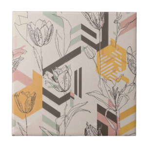 Padrão de Arte de Linha de Tulipa em Mostarda e Be