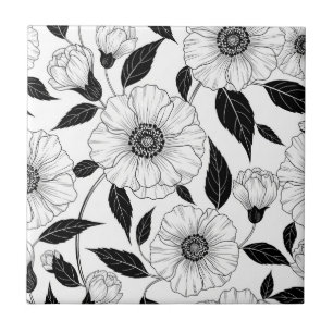 Padrão de Arte de Linha Floral Preto e Branco Eleg
