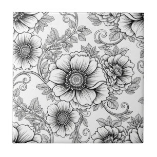 Padrão de Arte de Linha Floral Preto e Branco Eleg