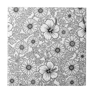 Padrão de Arte de Linha Floral Preto e Branco Eleg