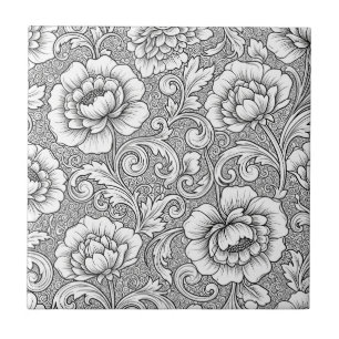 Padrão de Arte de Linha Floral Preto e Branco Eleg