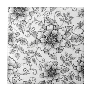 Padrão de Arte de Linha Floral Preto e Branco Eleg