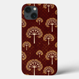 Padrão de Árvores Douradas e brancas em vermelho