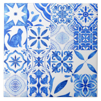 Padrão de azulejo branco azul mediterrâneo aquarel