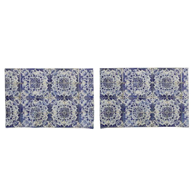Padrão de Azulejo Branco Geométrico Azul Vintage (Frente - conjunto)