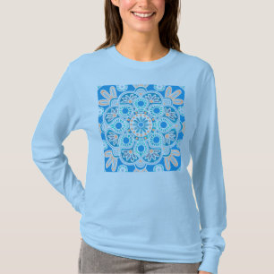 Padrão de azulejo de manga azul longo T- Camisa