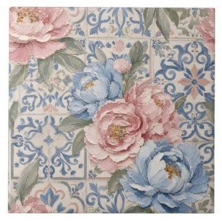 Padrão de Azulejo de Peônia Rosa Azul Floral Vinta