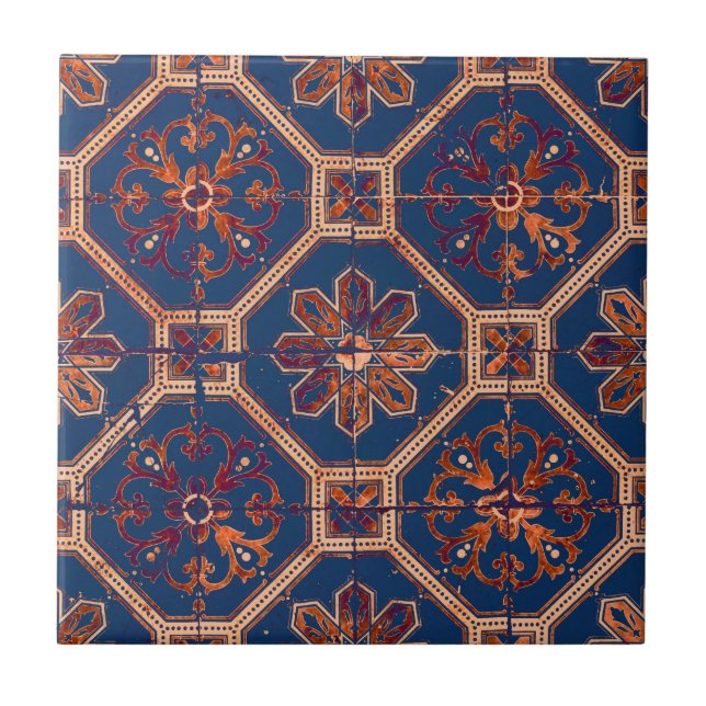 Padrão de Azulejo Étnico do Luxo | Azul e laranja (Frente)