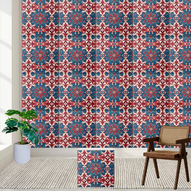 Padrão de Azulejo Floral escandinavo em Vermelho e (Scandinavian Floral Tile Pattern in Red and Blue)