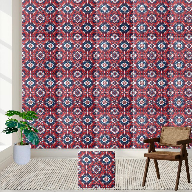 Padrão de Azulejo Floral Escandinavo Vermelho Azul (Red Blue White Scandinavian Floral Tile Pattern)