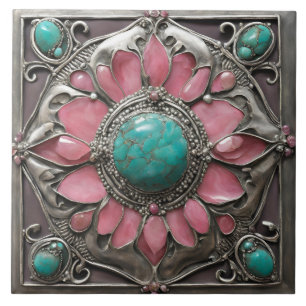 Padrão de azulejo mosaico Art Nouveau rosa e azul-