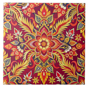 Padrão de Batik Vermelho Impressão Floral Tradicio