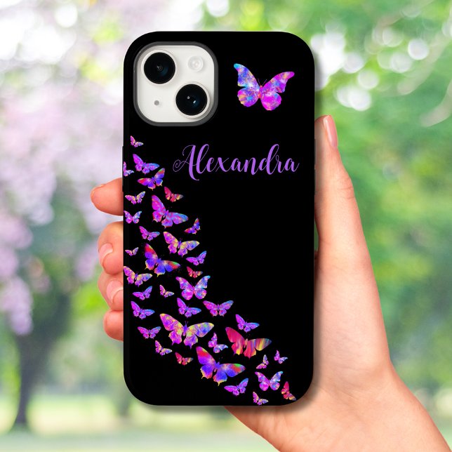 Padrão de borboleta Cor-de-rosa e preto (Butterfly pattern pink and black pretty typography script addd name custom iPhone case)