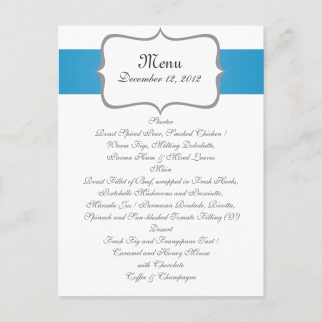 &Padrão de cenário azul no menu de casamento do ma (Frente)