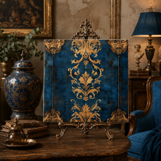 Padrão de Damasco Barroco Angustiado Azul Dourado