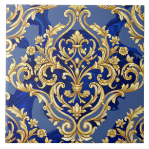 Padrão de Damasco Barroco Azul Real e Dourado