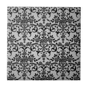 Padrão de damasco floral branco prateado e preto