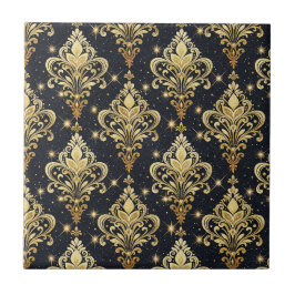 Padrão de Damasco Floral Real Espelhante Preto e D