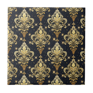 Padrão de Damasco Floral Real Espelhante Preto e D