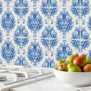 Padrão de damasco mediterrâneo azul branco elegant