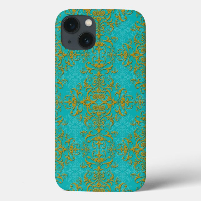 Padrão de Estilo Damasco Floral Dourado e Turquesa (Verso)