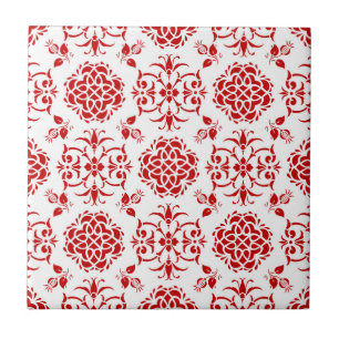 Padrão de estilo damasco floral vermelho e branco
