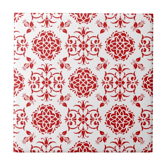 Padrão de estilo damasco floral vermelho e branco (Frente)