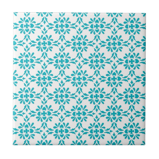 Padrão de Estilo Damask Branco sobre Aqua (Frente)