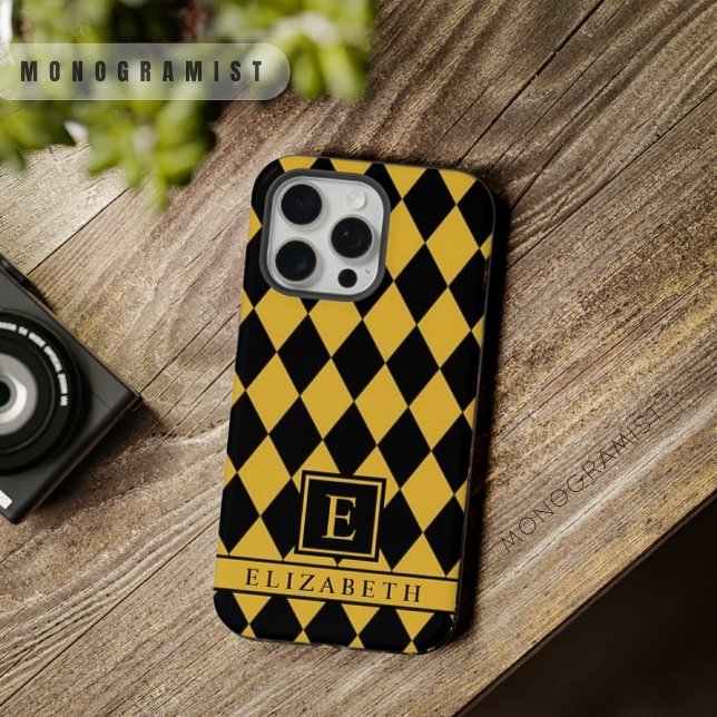 Padrão de Estilo Preto Amarelo Claro Personalizáve (Customizable Light Yellow Black Argyle Pattern iPhone Case)