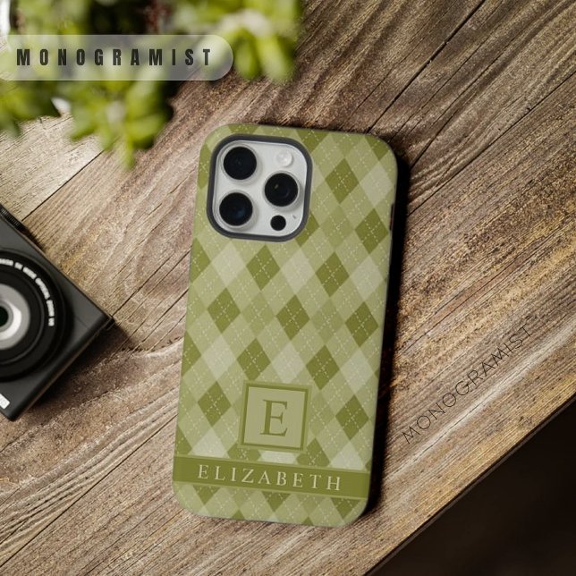 Padrão de Estilo Verde-Oliva de Cinzas Personalizá (Customizable Grey Sage Olive Green Argyle Pattern iPhone Case)