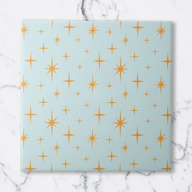 Padrão de Estrelas Meio do Século Moderno Laranja  (Stars Pattern Mid Century Modern Orange Aqua Ceramic Tile)